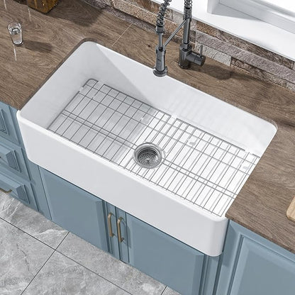 White Farmhouse Sink 33 x 18 Inch, Large Firecaly Apron Front Undermount Farm Sink Heavy Duty Single Bowl, with Custom Accessories 2 Types, Pure White, for Kitchen