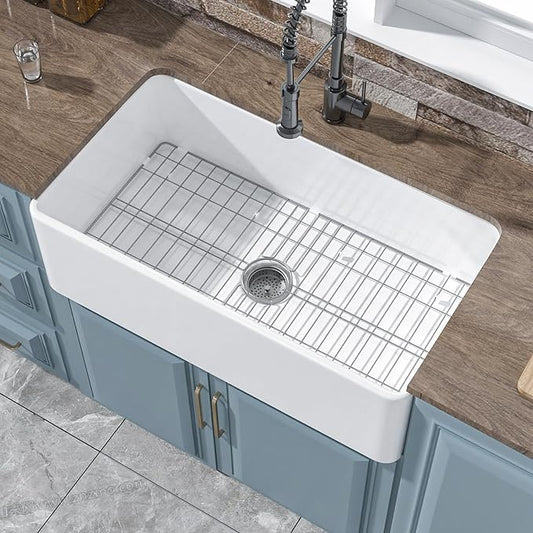 White Farmhouse Sink 33 x 18 Inch, Large Firecaly Apron Front Undermount Farm Sink Heavy Duty Single Bowl, with Custom Accessories 2 Types, Pure White, for Kitchen