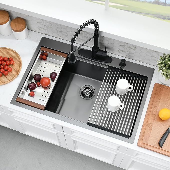 36×22 Black Drop In Kitchen Sink Workstation – 16 Gauge Black Stainless Steel Kitchen Sink, Large Top Mount Single Bowl Commercial Sinks with Accessories