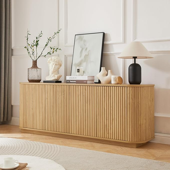 Ball & Cast 64" Buffet Cabinet with Storage Accent Sideboard Modern Credenza with Doors & Adjustable Shelves,Fluted Media Console TV Stand for Living Room,Natural