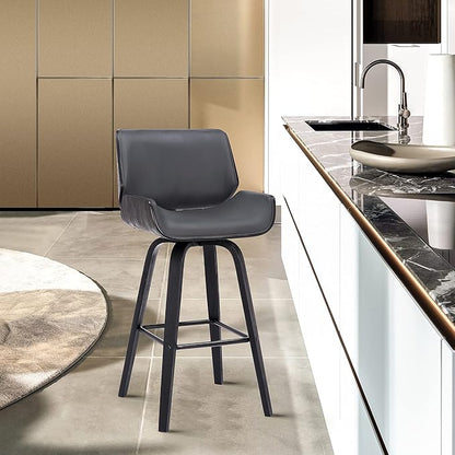 Armen Living Tyler 26" Counter Height Swivel Gray Faux Leather and Black Wood Bar Stool - Set of 4