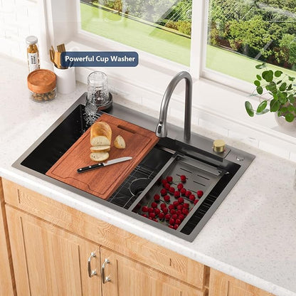 Lordear Waterfall Sink 33 Inch Gunmetal Black Drop In Kitchen Sink 16 Gauge 33x22 Workstation Stainless Steel Single Bowl 33x22x10 Inch With Pull Out Faucet Set, Integranted Control Temp & Functions