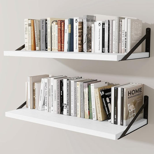 Deep Wall Shelves 30"W x 12"D Engineered Wood Floating Shelves for Wall, Sturdy Metal Bracket Bookshelves Home Decor Storage for Living Room Bedroom Bathroom Kitchen, Set of 2, White Finish