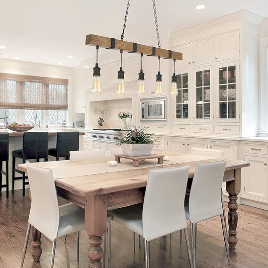 LOG BARN Kitchen Light Fixtures, Farmhouse Chandelier for Kitchen Island in Rustic Faux Wood with Black Wires, 5-Light Pendant Lighting for Dining Room
