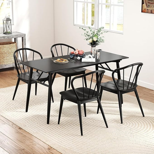 Giantex Wooden Dining Chairs Set of 4, Black Windsor Kitchen Chair w/High Spindle Back & Rubber Wood Legs, Wide Seat & Curved Backrest, Farmhouse Side Chairs, Armless Accent Chair for Home Restaurant