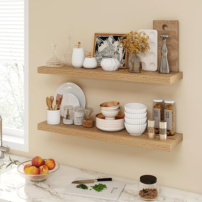 Acovy 36 Inch Floating Shelves, 9.3" Deep Floating Shelf Wall Mounted, 36" Wall Shelves, Rustic Deep Bookshelf, Large Display Shelves & Storage Shelves for Bedroom, Living Room, Light Brown, Set of 2