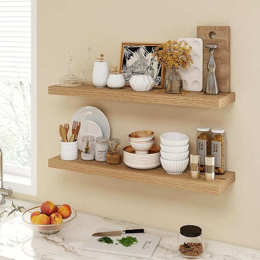 Acovy 36 Inch Floating Shelves, 9.3" Deep Floating Shelf Wall Mounted, 36" Wall Shelves, Rustic Deep Bookshelf, Large Display Shelves & Storage Shelves for Bedroom, Living Room, Light Brown, Set of 2