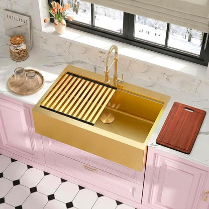 Rhbamoa 30 Inch Gold Farmhouse Sink,16 Gauge T304 Gold Single Bowl Apron Front Farm Sink,10 Inch Depth Topmount Farmhouse Kitchen Sinks with All Accessories