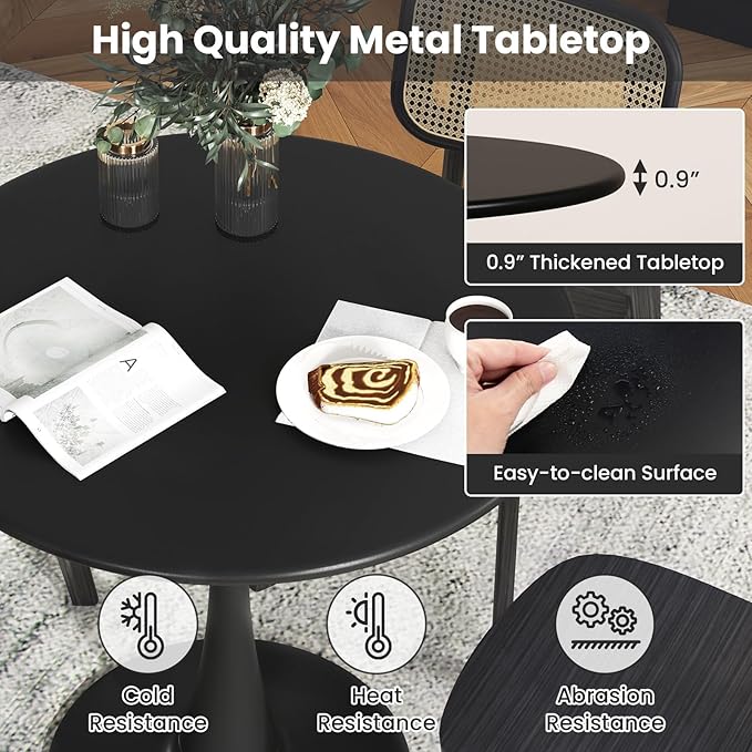Byroce White Round Dining Table, Glossy Tulip Kitchen Table for 2-4, 32 Inch Coffee Side Table w/Sturdy Metal Pedestal Base, Modern Leisure Table for Small Space, Living Room, Office & Patio (Black)