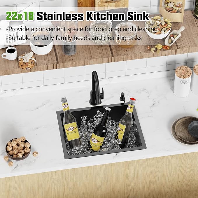 Black 22x18 In Undermount Kitchen And Bar Sink- Stainless Steel Single Bowl Kitchen Sink Modern Drop In Bar Sink With Silicon Mat,Drain Strainer Set Compatibility With Various Kitchen & Bar Style