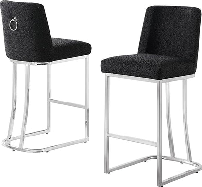 Modern Chairs Set of 2, Chrome Side Chairs & Counter Stools with Ring Pull Back, Luxury Upholstered Chairs for Kitchen Island, Dining Room & Home Bar (Boucle, Black/Silver, Counter Height Chair)