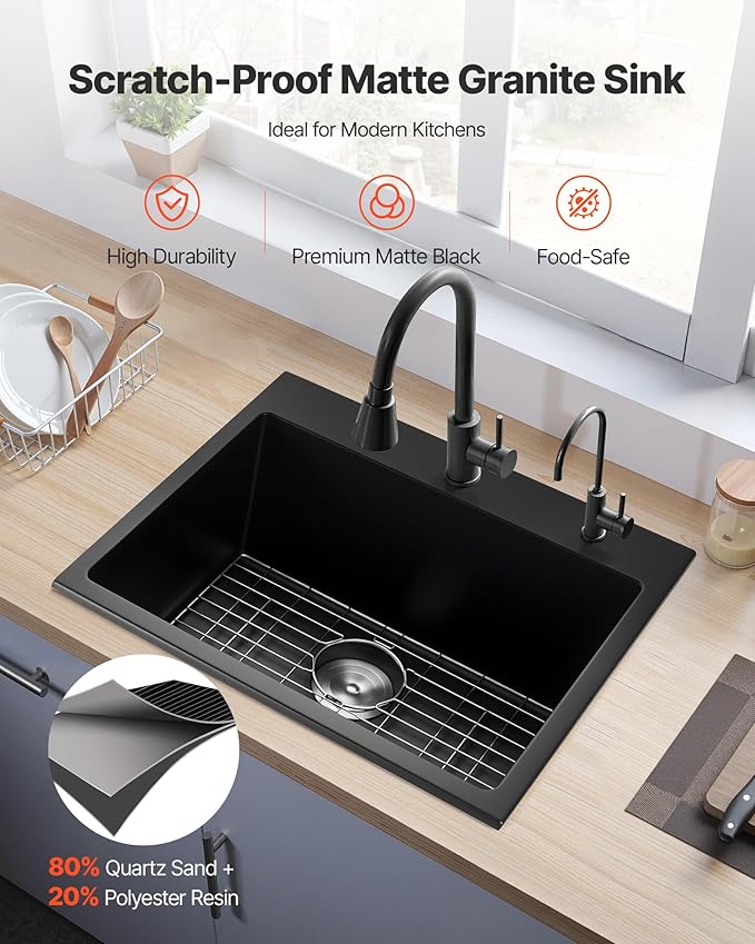 VEVOR 33 inch Kitchen Sink Workstation, Top Mount Granite Sinks, Drop-In Single Bowl Farmhouse Basin with Multiple Accessories, Household Dishwasher Sinks (22"D x 25"W x 10"H)