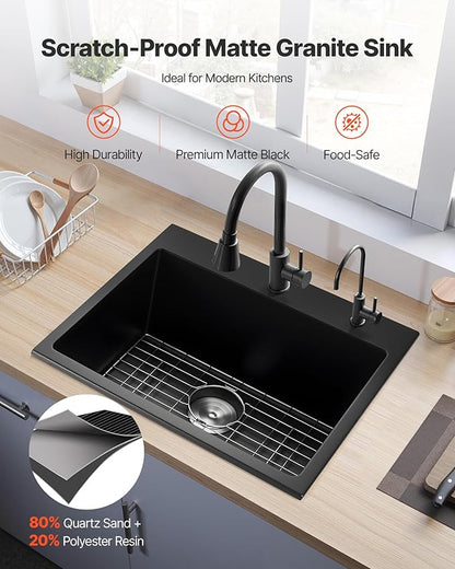 VEVOR 33 inch Kitchen Sink Workstation, Top Mount Granite Sinks, Drop-In Single Bowl Farmhouse Basin with Multiple Accessories, Household Dishwasher Sinks (22"D x 25"W x 10"H)