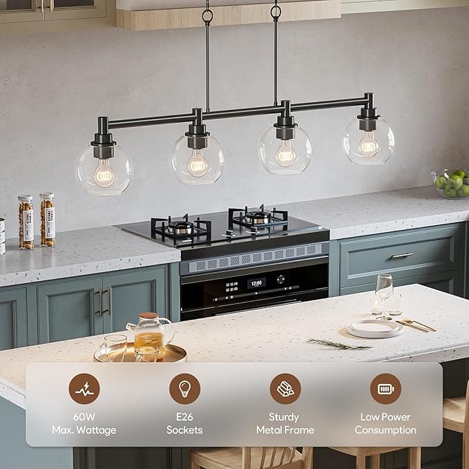 VONLUCE Dining Room Light Fixture Over Table, 4-Light Kitchen Island Lighting with Round Glass Shades & Adjustable Hanging Heights, Linear Chandlier for Dining Room Kitchen, Black, ETL Certificated
