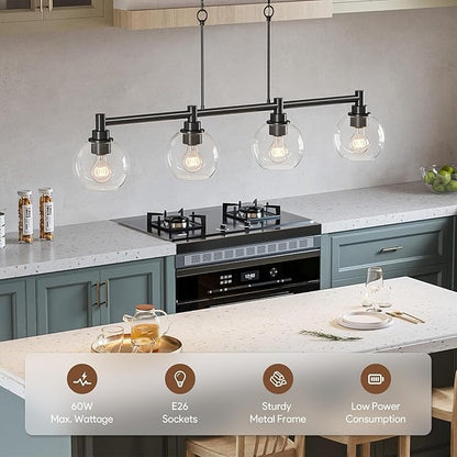 VONLUCE Dining Room Light Fixture Over Table, 4-Light Kitchen Island Lighting with Round Glass Shades & Adjustable Hanging Heights, Linear Chandlier for Dining Room Kitchen, Black, ETL Certificated