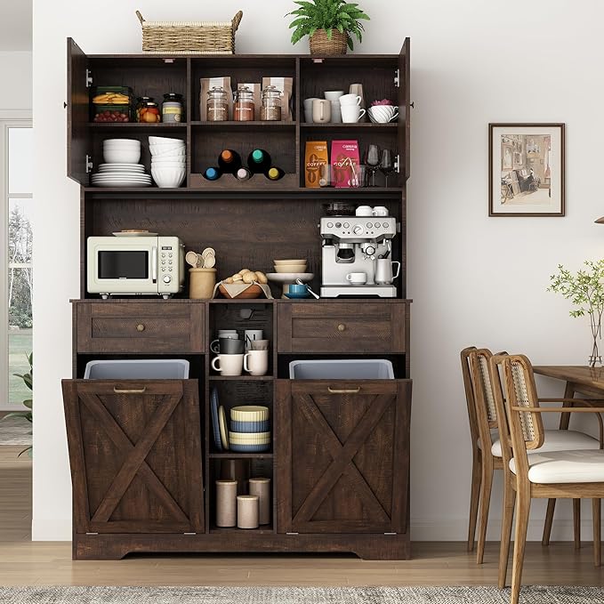 71" Tall 47"Wide Kitchen Pantry Storage Cabinet with Power Outlets,Farmhouse Kitchen Double Tilt Out Trash Cabinet 10X2 Gallon Garbage Holder with Two Drawers,Freestand Laundry Sort Cabinets(Brown)