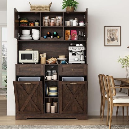 71" Tall 47"Wide Kitchen Pantry Storage Cabinet with Power Outlets,Farmhouse Kitchen Double Tilt Out Trash Cabinet 10X2 Gallon Garbage Holder with Two Drawers,Freestand Laundry Sort Cabinets(Brown)