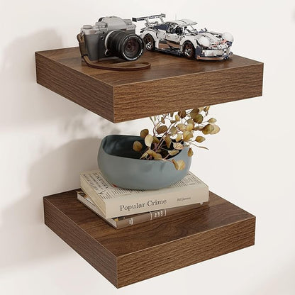 Venusmiles Square Floating Shelves for Wall, 12" W x 12" D x 2" H, 2 Pack, Small Wall Mounted Engineered Wood Shelves with Invisible Brackets for Living Room, Bedroom, Bathroom, Kitchen Decor, Walnut