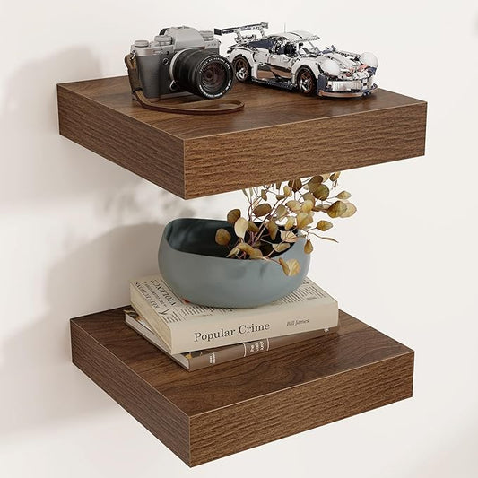 Venusmiles Square Floating Shelves for Wall, 12" W x 12" D x 2" H, 2 Pack, Small Wall Mounted Engineered Wood Shelves with Invisible Brackets for Living Room, Bedroom, Bathroom, Kitchen Decor, Walnut