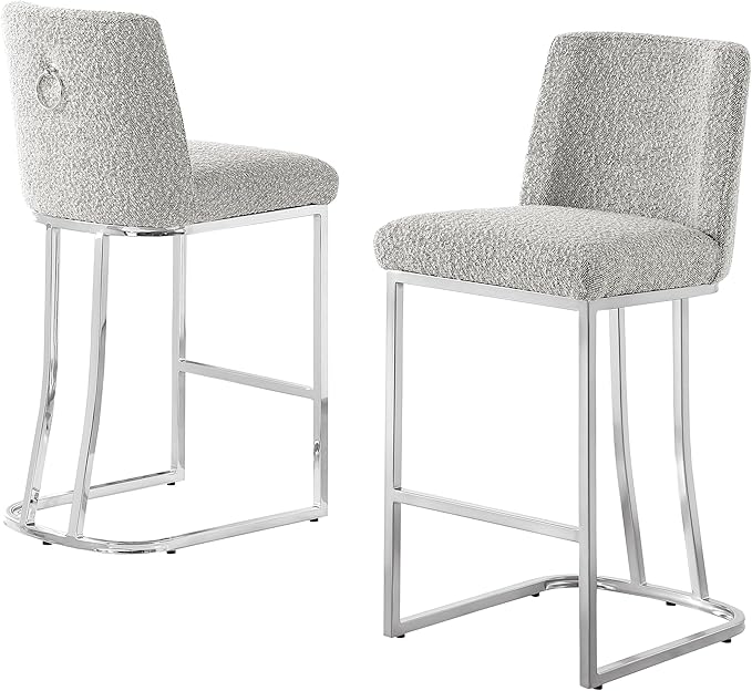 Modern Chairs Set of 2, Chrome Side Chairs & Counter Stools with Ring Pull Back, Luxury Upholstered Chairs for Kitchen Island, Dining Room & Home Bar (Boucle, Rich Gray/Silver, Counter Height Chair)
