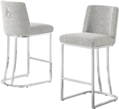 Modern Chairs Set of 2, Chrome Side Chairs & Counter Stools with Ring Pull Back, Luxury Upholstered Chairs for Kitchen Island, Dining Room & Home Bar (Boucle, Rich Gray/Silver, Counter Height Chair)