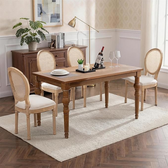 SoarFlash French Dining Chairs Set of 4, Vantage Linen Dining Chair with Round Back, Farmhouse Country Rattan Dining Chair for Living Room,Kitchen,Bedroom,Beige