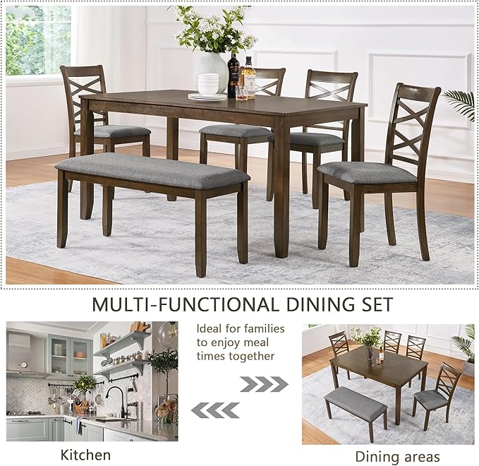 6 Piece Wooden Dining Table Set with 4 Chairs and a Bench, Rectangular Kitchen Table Set for 6 People, Modern Dining Room Table Set for Kitchen and Dining, Walnut