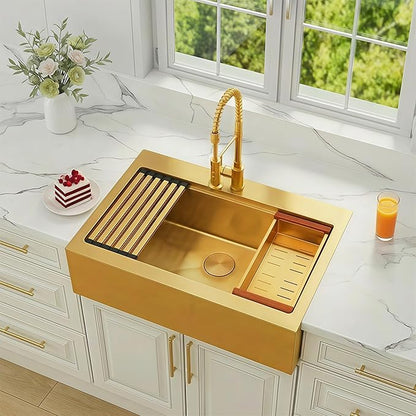 36 Inch Farmhouse Gold Sink, 16 Gauge 304 Stainless Steel Farm Sinks, Drop In Topmount Single Bowl Workstation Sink with all Accessories, 36" x 22" x 10" Large and Deep Kitchen Sink