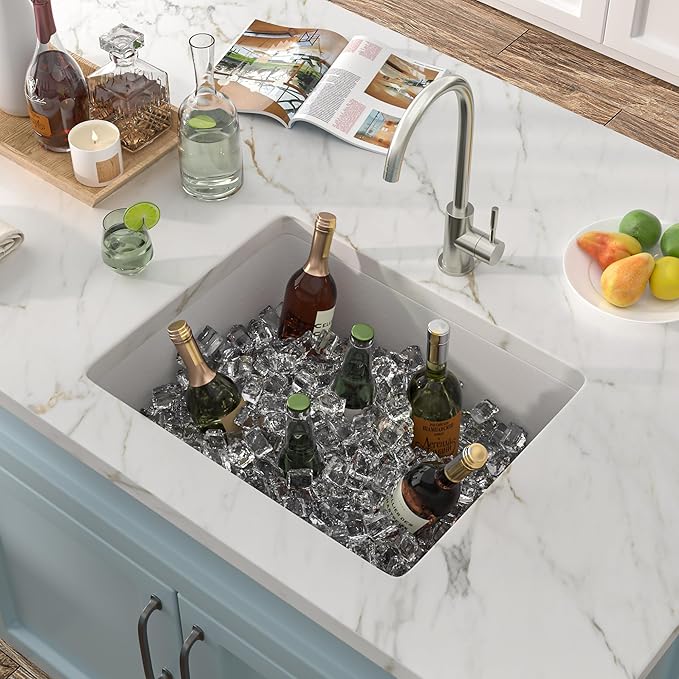 21"x17" Undermount Bar Prep Sink – White Granite Composite Quartz Classic Under Counter Single Bowl Sink Basin for Wet Bar, RV, Small Kitchen