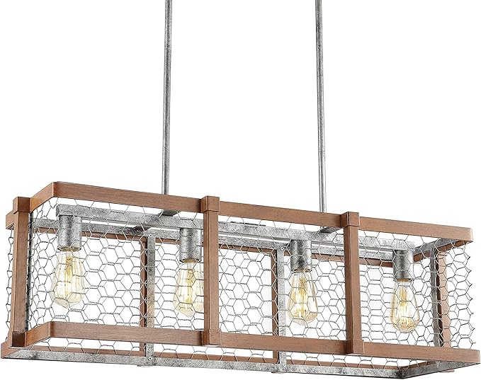 JONATHAN Y 34.5" Brown and Antiqued Silver 4-Light Iron Linear Pendant, Rustic Industrial Adjustable Kitchen Island Chandelier, Farmhouse Cage Light, LED Bulbs Included JYL7519A