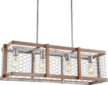 JONATHAN Y 34.5" Brown and Antiqued Silver 4-Light Iron Linear Pendant, Rustic Industrial Adjustable Kitchen Island Chandelier, Farmhouse Cage Light, LED Bulbs Included JYL7519A