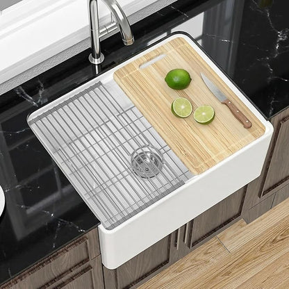 Miuara White Farmhouse Workstation Sink 24 Inch - Small Fireclay Apron Front Kitchen Sink Undermount 24"x18"x10", Farm House Style Heavy Duty Deep Single Bowl for Kitchen & Small Space