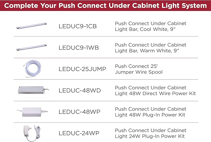 PureOptics LED Push Wire® Under Cabinet Light Bar, Plug-in or Hardwire, 9", Cool White, Gray, (LEDUC9-1CB)
