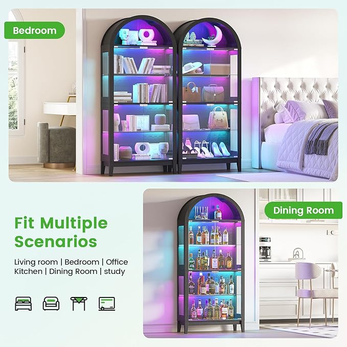 HNEBC Arched Book Shelf with Glass Doors, LED Bookcase with RGB Lights, 5 Tier Cabinet Has 9-Cube Storage, 69" Display Cabinet for Living Room,Bedroom(Black)