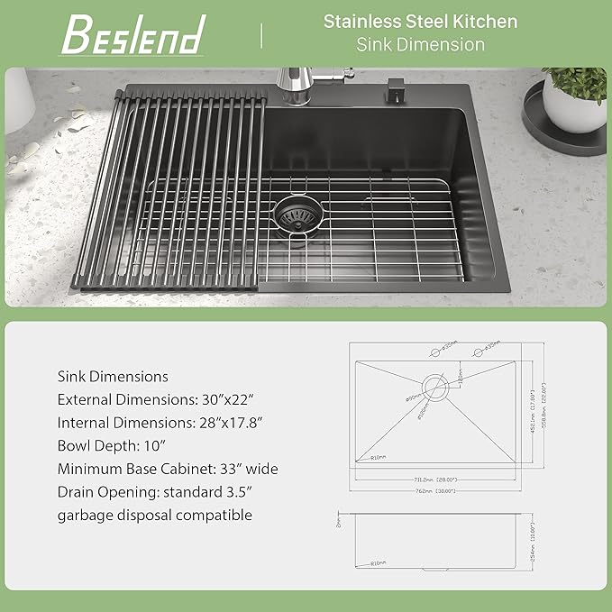 30 Inch Drop-in Sink - Beslend 30”x22”x10” Stainless Steel Gunmetal Black Topmount Kitchen Sink 16 Gauge 10 Inch Deep Single Bowl Kitchen Sink Basin