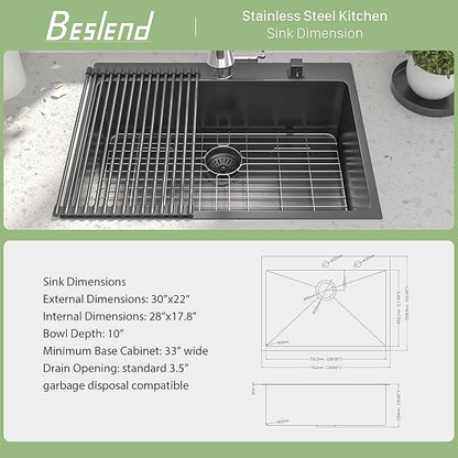 30 Inch Drop-in Sink - Beslend 30”x22”x10” Stainless Steel Gunmetal Black Topmount Kitchen Sink 16 Gauge 10 Inch Deep Single Bowl Kitchen Sink Basin