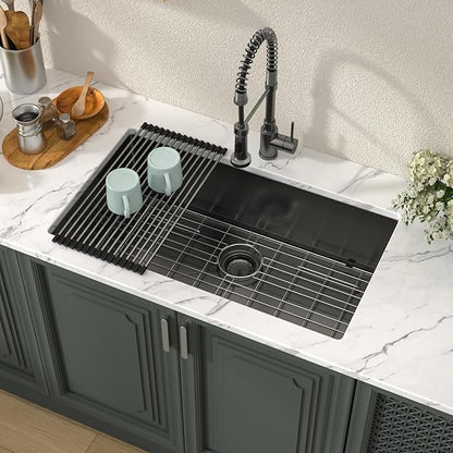 Lordear 33 Inch Black Stainless Steel Sink Undermount Kitchen Sink T304 16 Gauge 33x19 Inch Single Bowl Sink Handmade, Gunmetal Black 33x19x10 Inch, Handmade