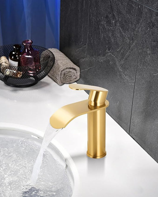 WOWOW Waterfall Bathroom Faucet, Gold Bathroom Sink Faucet for 1 Hole or 3 Holes, Single Handle Vanity with Metal Pop up Drain, Stainless Steel Basin Sink Faucet Tap for RV Lavatory
