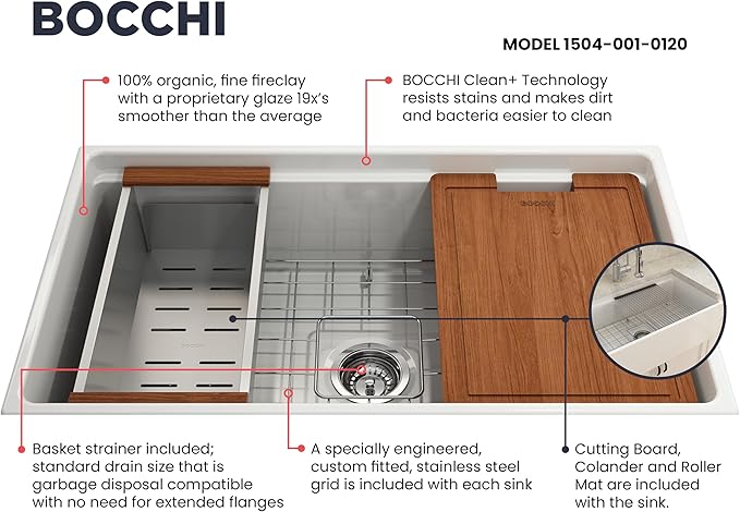 BOCCHI Contempo Workstation Apron Front Step Rim Fireclay 33 in. Single Bowl Kitchen Sink with Accessories in White