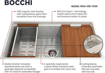BOCCHI Contempo Workstation Apron Front Step Rim Fireclay 33 in. Single Bowl Kitchen Sink with Accessories in White
