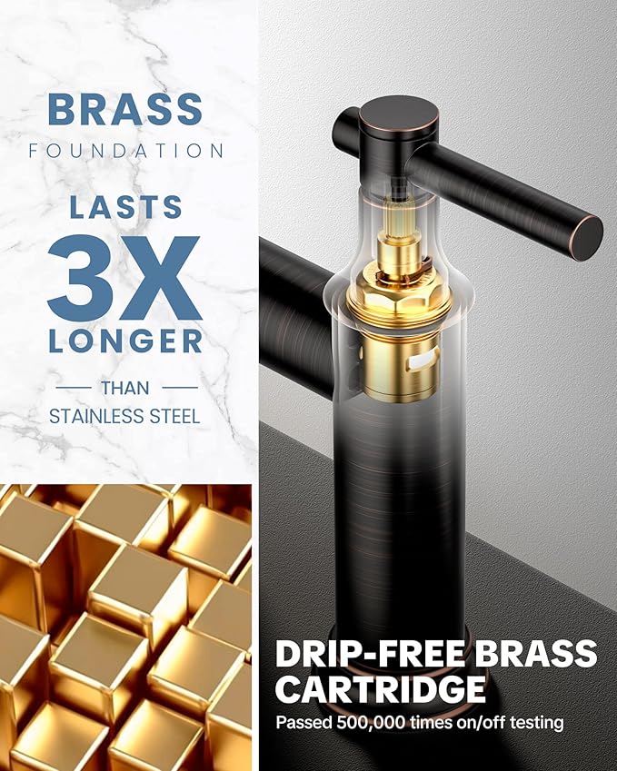 Bridge Faucet for Kitchen Sink Bronze: 3 Hole Solid Brass Farmhouse Kitchen Faucet with Pull Down Sprayer, 2 Handle 8 Inch Centerset High Arched Faucet with 360° Swivel Spout, Oil Rubbed Bronze