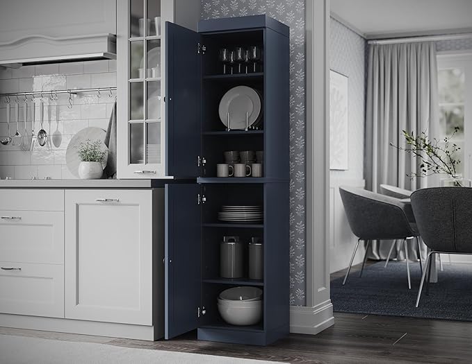 Palace Imports Solid Wood Kitchen Pantry - Narrow Storage Cabinet - Raised Panel Doors, Adjustable Shelves, Antique Blue, 16.5" Wide x 71.5" Tall, 100% Eco-Friendly Wood, Modular Cabinet
