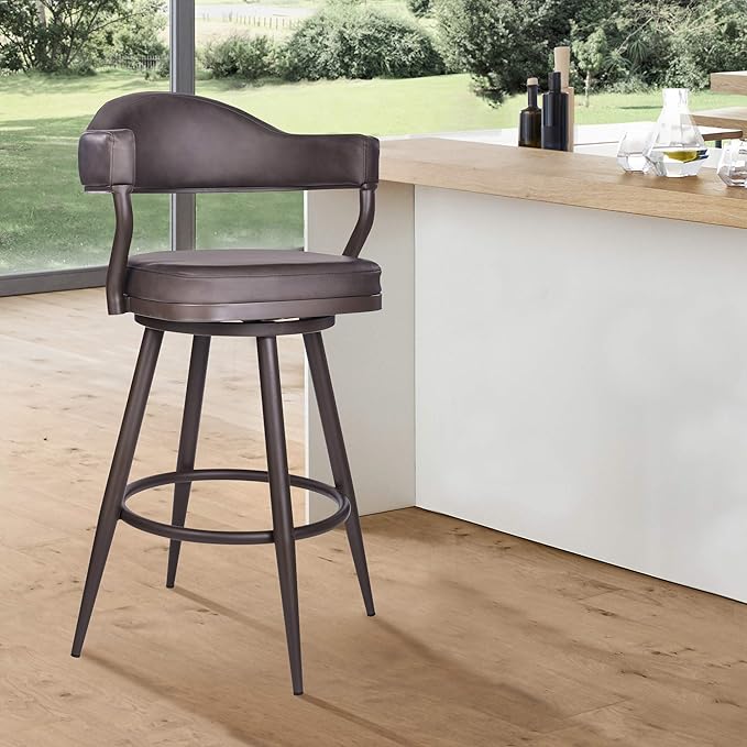 Armen Living Justin Modern Farmhouse 30" Seat Height Swivel Vintage Brown Faux Leather Bar Stool with Brown Metal Legs for Kitchen Island Counter