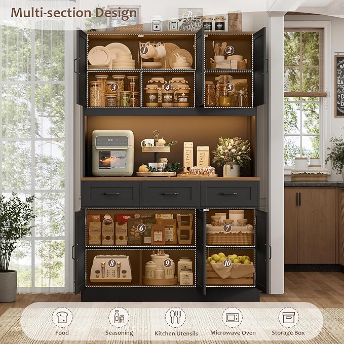 HOSTACK 72" Tall Kitchen Pantry Cabinet with Charing Station | LED Lights, 47"W Kitchen Pantry Storage Cabinet with Countertop, Kitchens Hutch Cabinets with Storage for Dining Room, Black/Rustic Brown