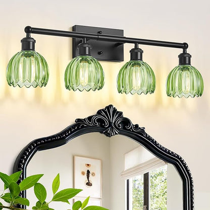 Vanity Lighting Fixtures,4 Light Bathroom Vanity Light,Black Bathroom Light Fixtures Over Mirror,27.2 in Vintage Sconce with Green Tulip Glass Shade for Bedroom,Dressing Table, E26 Base