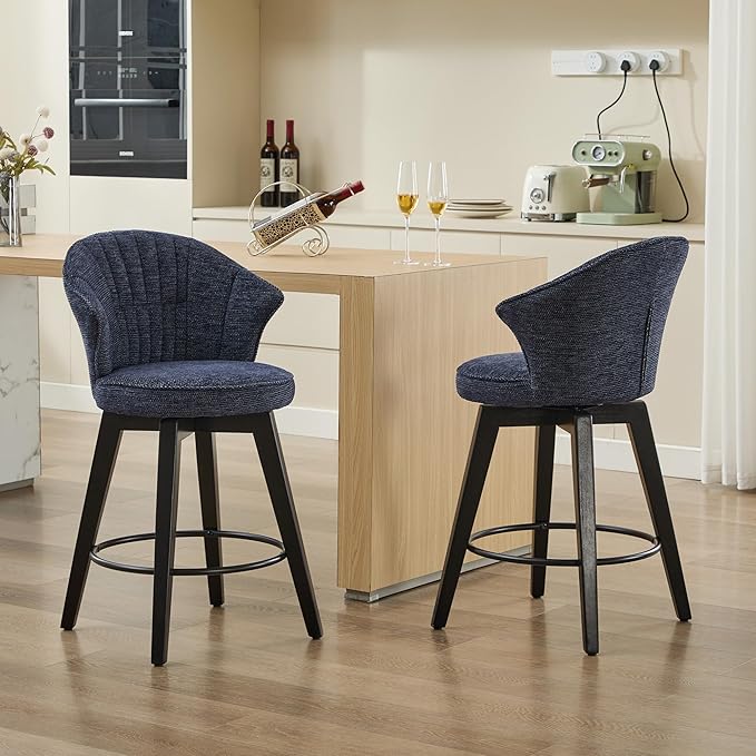 Wing Back Swivel Bar Stools Set of 2 25" Counter Height Adjustable Stools with Solid Wood Legs Chenille Upholstery, Leveling Feet for Kitchen Island, Home Pub or Dining Room, Blue