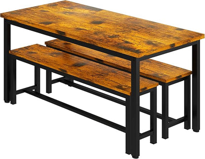 DKLGG Dining Table Set for 4, 47.2'' Kitchen Table with 2 Benches, 3 Piece Farmhouse Dining Room Table Set, Space-Saving Dinette for Kitchen, Dining Room, Apartment, Metal Frame & MDF Board