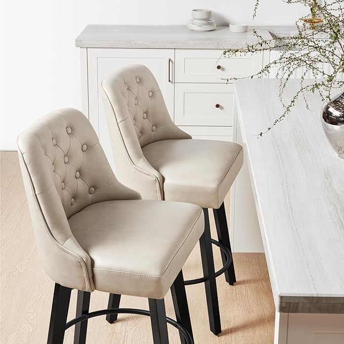 KISLOT Swivel Counter Height Bar Stools Set of 4, 26" Upholstered Faux Leather Barstools with Back,Thick Seat and Square Solid Wood Legs for Kitchen Island Home Bar, Beige