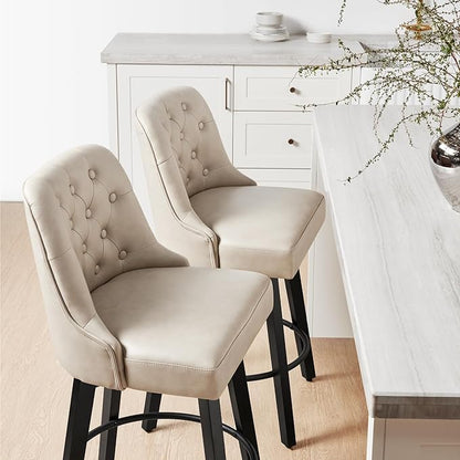 KISLOT Swivel Counter Height Bar Stools Set of 4, 26" Upholstered Faux Leather Barstools with Back,Thick Seat and Square Solid Wood Legs for Kitchen Island Home Bar, Beige