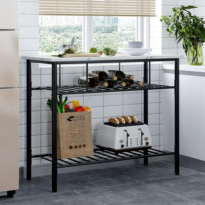 Multifunctional Counter Height Kitchen Dining Room Prep Table Kitchen Island, Kitchen Storage Rack with Large Worktop & Shelves, Console Side Table for Living Room, Faux Marble Tabletop (C) (A)